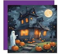 Halloween Card - Spooky Haunted House Ghosts Pumpkins Cute 145 x 145mm