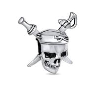 Halloween Caribbean Pirate Skull & Cross Swords Charm Bead For Women For Teen Oxidized .925 Sterling Silver Fits European Bracelet
