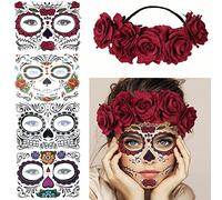 Halloween Carnival Day of the Dead Rose Headpiece with Temporary Face Tattoo Skull, Dia de Los Muertos Costume Women, Day of the Dead Halloween Fancy Dress Accessories Women