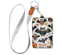 Halloween Cartoon Bats and Owls Leather Name Badge Holders with Lanyard and 3-Card Capacity id Holders for Office Shcool Hospital & Driver Licence