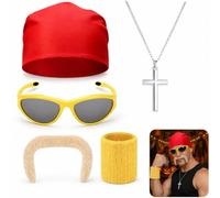 Halloween Cartoon Character Costume Outfit,Including Yellow Wrist Bands | Red Bandana Fake Moustache Necklace and Sunglasses,Hulk Hogan Costume Fancy Dress Accessories for Adults Halloween Party