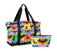 Halloween Cartoon Crows and Bats Colorful Plaid Overnight Travel Duffel Bag with Wet Pocket Adjustable Strap Sports Tote Gym Bag for Trip Waterproof for men women
