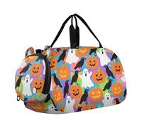 Halloween Cartoon Crows Pumpkin Ghosts Colorful Plaid Small Gym Bag with Shoes Compartment Lightweight Kids Overnight Bag for Travel, Sports, Duffel, Weekender