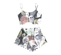 Halloween Cartoon Print Pajama Shorts Set plus Size Cat Pajamas New Slippers for Girls Light Gray