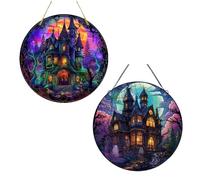 Halloween Castle Pattern Acrylic Disc Ornaments - 2-Pack Glow-in-the-Dark Hanging Decorations, Creative Craft Ornaments for Festive Setups