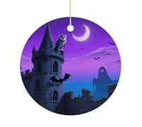 Halloween Castle Purple Sky Double-Sided Ceramic Christmas Ornaments - Round Hanging Mini Xmas Tree Decorations, Ideas for Farmers, Rustic Home Decor for Indoor Outdoor Tree Decor