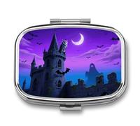 Halloween Castle Purple Sky Pill Box 2 Compartment Square Metal Pill Organizer Portable Mini Travel Medicine Case with Mirror Cute Medicine Container Holder for Pocket Purse
