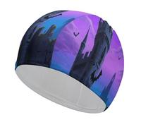 Halloween Castle Purple Sky Swim Cap for Women Men Swimming Hat Bath Waterproof Pool Caps for Long Thick Curly Hair