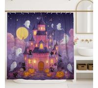 Halloween Castle Shower Curtain, Violet Ghosts Black Cats Pumpkin Bathroom Decor, Autumn Festive Cute Cartoon Waterproof Fabric Shower Curtain with Hooks 72x84 Inch