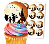 Halloween Castle Spooky Night Scene, 12 Edible Paper 2.5" Cupcake Toppers