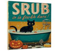 Halloween Cat Bath Canvas Wall Art, Orange Green Vintage Style Prints, Funny Bath Decor for Living Room, Bathroom, Kitchen, Wrapped Canvas 12x12 Inch