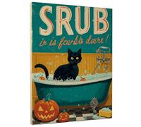 Halloween Cat Bath Canvas Wall Art, Orange Green Vintage Style Prints, Funny Bath Decor for Living Room, Bathroom, Kitchen, Wrapped Canvas 12x16 Inch