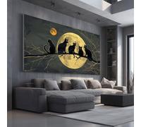 Halloween Cat Canvas Prints Wall Art Gothic Full Moon Paintings for Living Room and Bedroom, Framed Scary Night Artwork Home Decorations 70x140cm
