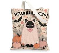 Halloween Cat Canvas Tote Bags, Cute Ghost and Pumpkin Pattern Reusable Shopping Bags, Fanciful Floral Lightweight Washable Shoulder Strap Canvas Bags for Party Travel 13x15 Inch