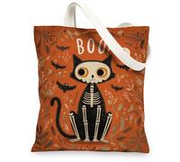 Halloween Cat Canvas Tote Bags, Fun Skeleton Design Reusable Grocery Bags, Vintage Lightweight Washable Tote for Outdoor Tr, Orange, 13x15 Inch
