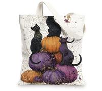 Halloween Cat Canvas Tote Bags, Spooky Cat Design Reusable Grocery Bags, Lightweight Washable Shoulder Strap Canvas Bags for Gym Outdoor Travel Beach Picnic 13x15 Inch