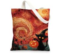 Halloween Cat Canvas Tote Bags, Witch Pattern Reusable Shopping Bags, Vintage Lightweight Washable Shoulder Strap Canvas Ba, Red, 13x15 Inch