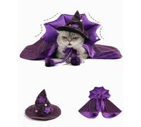 Halloween Cat Costume 2Pcs Set Witch Cape and Witch Hat with Stars Decoration Set Vampire Devil Cloak with Hat Dog Cosplay Party Clothes Outfit for Small Medium Large Cats Dog ，Purple。