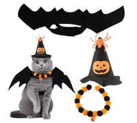Halloween Cat Costume, Adjustable 3Pcs Felt Witch Hat & Bat Wing Outfit for Cats, Kittens & Small Dogs - Cute Pet Costume Set