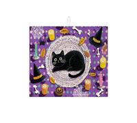 Halloween Cat Dish Drying Mats for Kitchen Counter, Fanciful Violet Polka Dot Absorbent Dish Drainer Rack Mat, Fun Microfiber Drying Pad for Kitchen Counter Home Decor 16x18 Inch