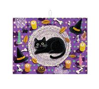 Halloween Cat Dish Drying Mats for Kitchen Counter, Fanciful Violet Polka Dot Absorbent Dish Drainer Rack Mat, Fun Microfiber Drying Pad for Kitchen Counter Home Decor 18x24 Inch