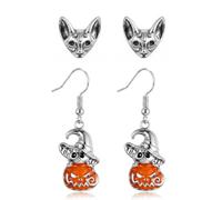 Halloween Cat Earrings Set Pumpkin Witch Cat Dangle Drop Jewelry | Unique animal design, Trendy party costume, Detailed metal carving, Cute aesthetic accessory