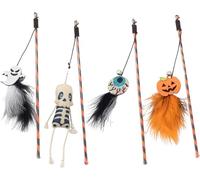 Halloween Cat Fun Sticks 4Pcs Cat Wand Toys with Bells and Feather Skull Pumpkin Ghost Eyeball Shape Feather Wand Interactive Teaser Wand Toy for Indoor Cats Kitten