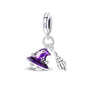Halloween Cat in a Witch Hat with Broomstick Charm 925 Silver Charm Compatible with Pandora Charms, Trollbeads, Chamilia, Biagi and Many Other UK Charm Bracelets.