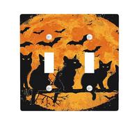 Halloween Cat Light Switch Cover Plate/Outlet Covers, Orange Full Moon and Bats for Wall Decor, Decorative Standard Size Double Toggle