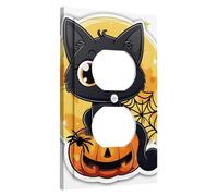 Halloween Cat Light Switch Cover Plates/Outlet Covers, Black Adorable Feline on Pumpkin with Webs for Fall Decor, Decorative Wall Plates, Standard Size Single Duplex Outlet