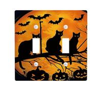 Halloween Cat Light Switch Cover Plates/Outlet Covers, Cat Silhouettes with Full Moon and Bats for Wall Accents, Thermoplastic Wall Plates, Standard Size Double Toggle