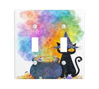 Halloween Cat Light Switch Cover Plates/Outlet Covers, Colorful Witchy Cat with Cauldron Design, Thermoplastic Wall Plates, Standard Size Double Toggle