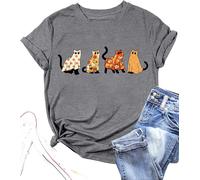 Halloween Cat Lover Tshirt for Women Cute Cats Graphic Tee Halloween Ghost Cat Shirt Spooky Black Cat Tops, Gray, XXL