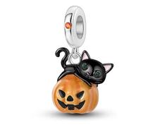 Halloween Cat on Pumpkin Charm 925 Silver Compatible with Pandora Charms, Trollbeads, Chamilia, Biagi and Many Other UK Charm Bracelets.