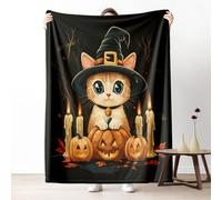 Halloween Cat Queen Size Blanket for Bed, Kitten Candle Pumpkin Microfiber Blanket 86x94 Inch, Autumn Holiday Couch Throw Blankets Fall Blankets Soft Warm Cozy for Camping Travel Picnic