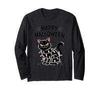 Halloween Cat Shirt Funny Kitty Wrapped in Lights Long Sleeve T-Shirt