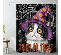 Halloween Cat Shower Curtain 150x180cm Funny Cat Wear Purple Witch Hat Bathroom Curtains Black and White Spider Web Waterproof Mildew Mould Resistant Bath Curtain Set with Hooks, Fabric Bathroom Decor