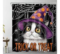 Halloween Cat Shower Curtain 180x180cm Funny Cat Wear Purple Witch Hat Bathroom Curtains Black and White Spider Web Waterproof Mildew Mould Resistant Bath Curtain Set with Hooks, Fabric Bathroom Decor