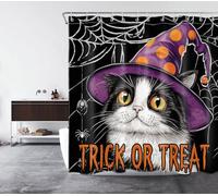 Halloween Cat Shower Curtain 180x200cm Funny Cat Wear Purple Witch Hat Bathroom Curtains Black and White Spider Web Waterproof Mildew Mould Resistant Bath Curtain Set with Hooks, Fabric Bathroom Decor