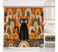 Halloween Cat Shower Curtain, Black Kitty with Pumpkins and Rainbows Bathroom Decor, Autumn Fanciful Waterproof Fabric Shower Curtain with Hooks 72x84 Inch