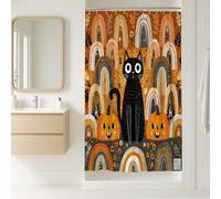 Halloween Cat Shower Curtain, Black Kitty with Pumpkins and Rainbows Bathroom Decor, Autumn Fanciful Waterproof Fabric Shower Curtain with Hooks 36x72 Inch