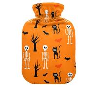 Halloween Cat Skeleton Orange Hot Water Bottle with Cover for Pain Relief Feet and Bed Warmer for Period Cramps, 2L