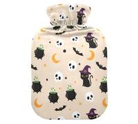 Halloween Cat Skull Beige Hot Water Bottle with Cover for Pain Relief Heating Bag for Headaches, 1L