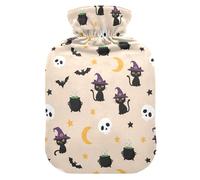 Halloween Cat Skull Beige Hot Water Bottle with Cover for Pain Relief Water Heating Pad for Women, 2L