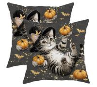 Halloween Cat Throw Pillow Covers Set of 2, Black Grey Pumpkin Decorative Cushion Covers for Cozy Home Sofa Bed Couch 26x26 Inch
