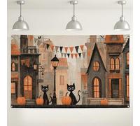 Halloween Cat Town Backdrop, Spooky Vintage Style Party Decorations, Pumpkin Scene Background for Photography Halloween Party Supplies 71x43 Inch