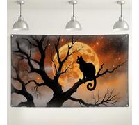 Halloween Cat Tree Wall Backdrop, Spooky Night Sky Photography Background, Black Orange Indoor/Outdoor Party Decoration for Halloween Events 71x43 Inch