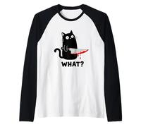Halloween Cat What? Funny Black Kitten with Knife Spooky Raglan Baseball Tee