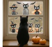Halloween Cat Window Stickers - Made in The UK - 13 Reusable Bubble-Free Decals (Cats, Pumpkins & Bats) - Removable & Repositionable