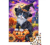 Halloween Cat Witch 1000 Pc Premium Cardstock Jigsaw Puzzle Senior Jigsaw Enthusiasts Decompression Training Wall Decor 38x26cm/1000pcs